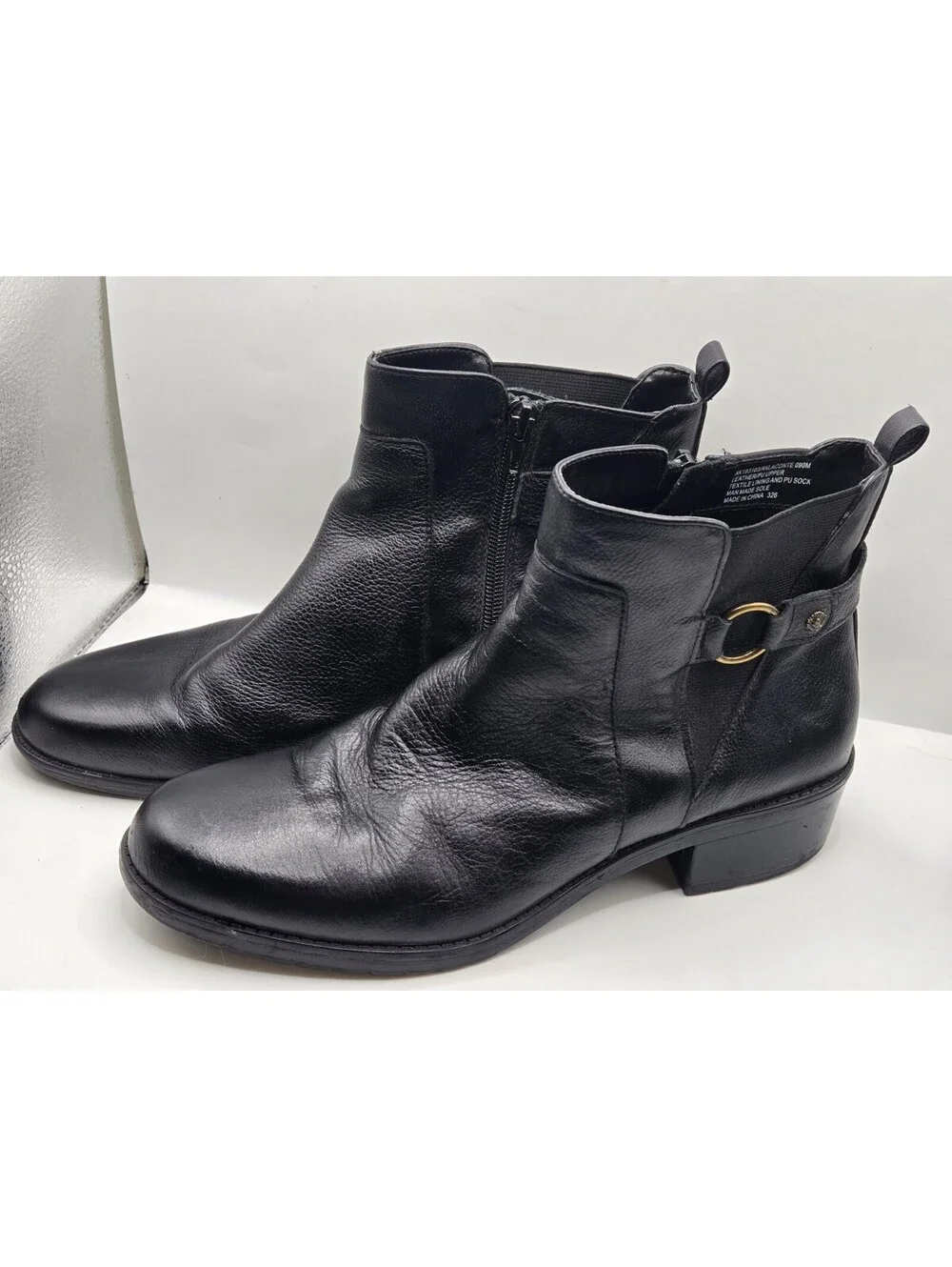 Anne Klein Aklaconte Black Leather Ankle Boots Women’s Size 9M Low Heel Zip